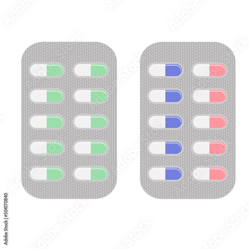 Blister packs of tablet capsules. Aspirin antibiotics or pain medications