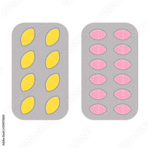 Blister packs of tablets capsules in different colors. Aspirin antibiotics or painkillers