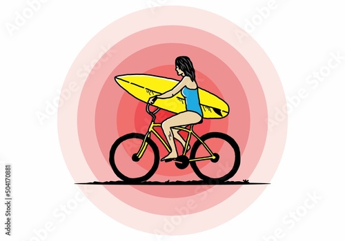 illustration of a woman going surfing on a bicycle