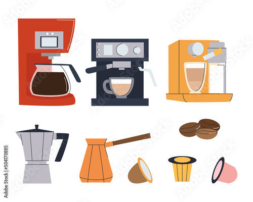 Coffee machine, coffee maker and a set of capsules for brewing coffee. Set of flat vector illustration. Eps10