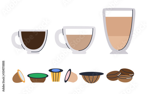 Three cups of different coffee. Capsules for coffee machines and three coffee beans. Set of flat vector illustration. Eps10