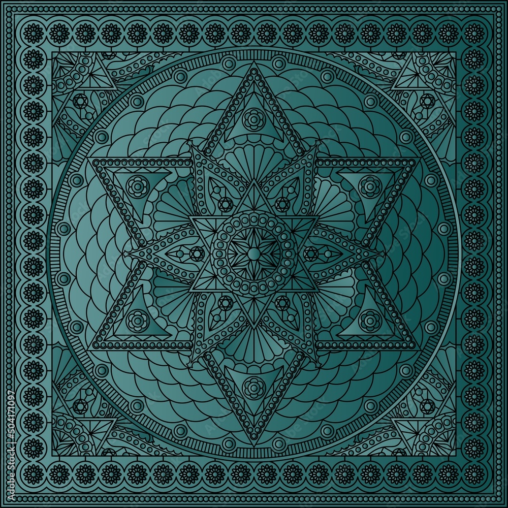 Bandana print with hexagonal mandala in dark colors. Vector design. Bandana print with hexagonal mandala in dark colors. Vector design.