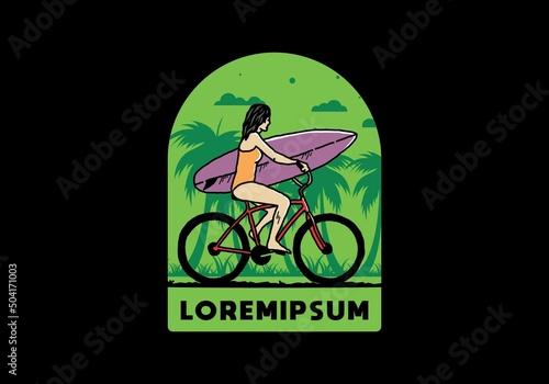 illustration of a woman going surfing on a bicycle