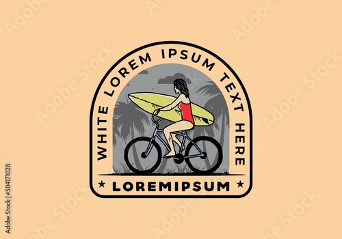 illustration of a woman going surfing on a bicycle
