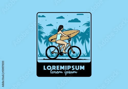 illustration of a woman going surfing on a bicycle