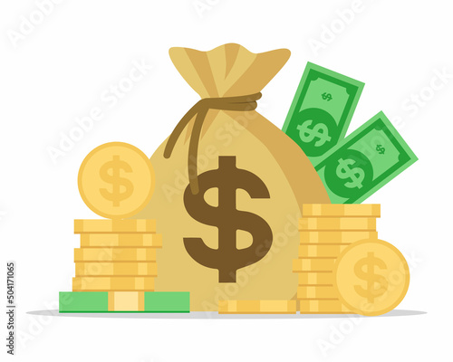 Money. Money bag, stack of dollar coins and banknotes in flat design isolated on white background. Budget, fund, investment profit, income or asset, eps 10 vector illustration.