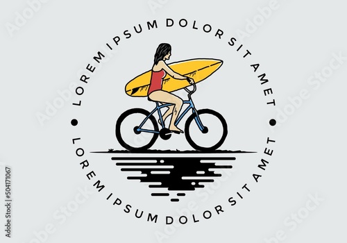illustration of a woman going surfing on a bicycle