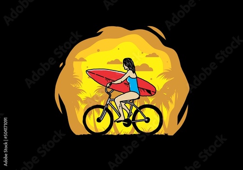 illustration of a woman going surfing on a bicycle