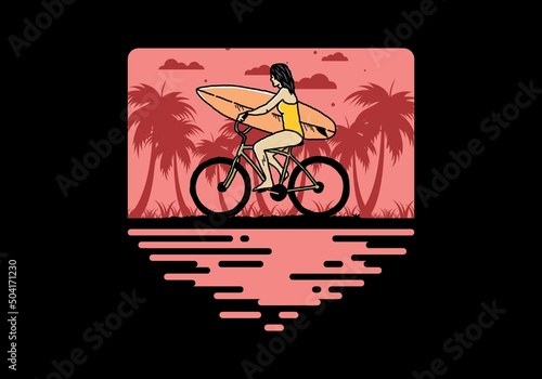 illustration of a woman going surfing on a bicycle