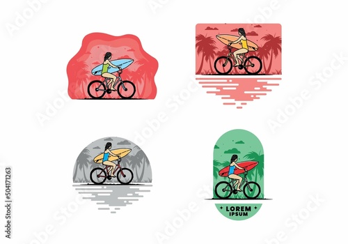illustration of a woman going surfing on a bicycle