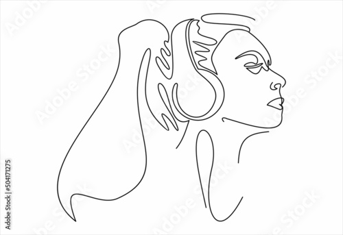  line. girl woman listens to music with headphones hand-drawn picture silhouette. Line art. 