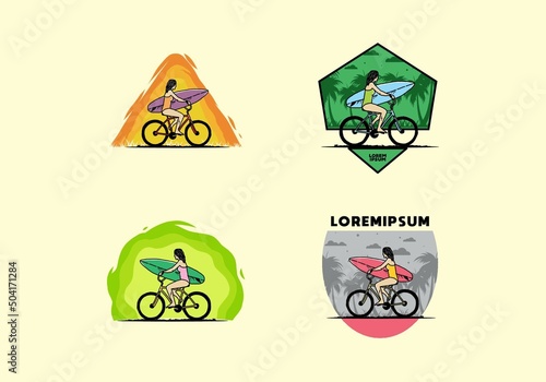 illustration of a woman going surfing on a bicycle