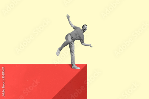 Creative illustrated black white gamma portrait of person stand one leg near cliff isolated on yellow background