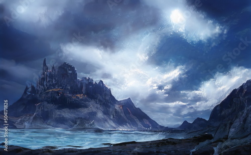 Fantastic Epic Magical Landscape of Mountains. Summer nature and forest. Mystic Valley, tundra. Gaming assets. Celtic Medieval Gaming background. Rocks and canyon. River and lake. Book cover, poster  © Abstract51