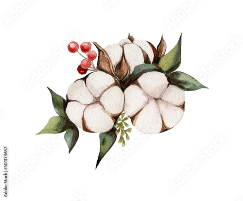 Watercolor Christmas composition with cotton and berry photo