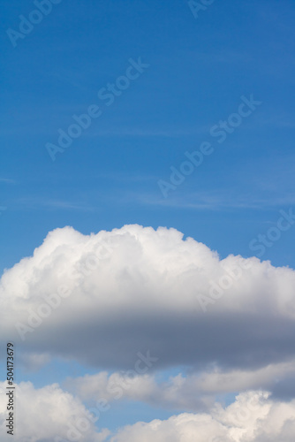 Blue sky background with fluffy white clouds at the bottom and empty space for text on top. Vertical image