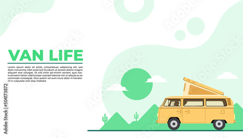 Van life web template . Combi with a surfboard with a sunset background. Van life vector. traveling by van. Mobile home. camping. trailer. ride. Post template