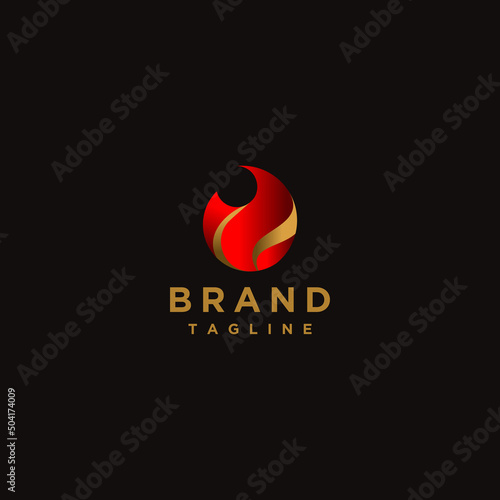Iconic flame logo design with gold line details. Minimalistic fire icon logo design with oil outline detail.