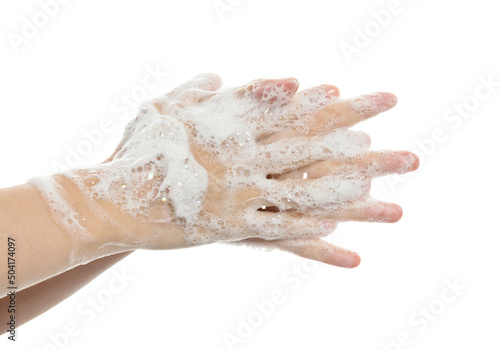 Woman rubbing fingers on white background