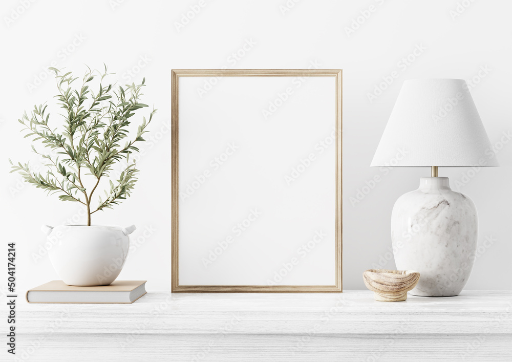 Painting art mockup with empty vertical wooden frame standing in simple traditional home interior with small olive tree and classic marble lamp on white background. Illustration, 3d rendering Painting art mockup with empty vertical wooden frame standing in simple traditional home interior with small olive tree and classic marble lamp on white background. Illustration, 3d rendering