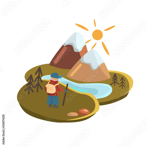 Vector illustration of a man with a backpack ascending to the mountains and lake. Tourist illustration in cartoon style.