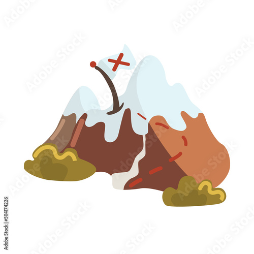 Vector illustration of the route through the mountains. Illustration of snowy mountains with a flag on top