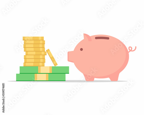 piggy bank and coins.Money. piggy bank with stack of coins and money, Flat money illustration icon on white background