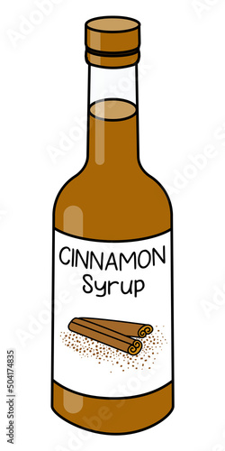 Doodle cartoon style cinnamon syrup in a bottle. Sweet sugar breakfast pancake topping or cocktail ingredient. For card, stickers, posters, bar menu or cook book recipe