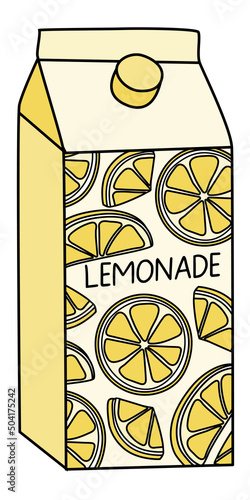 Doodle cartoon style lemon drink lemonade in a pack box. Refreshing soft drink, cocktail ingredient. For card, stickers, posters, bar menu or cook book recipe.