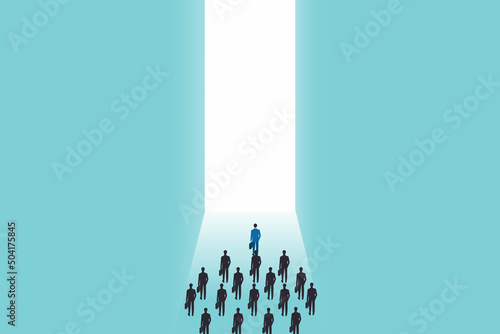 Vector illustration, business leadership concept, manager leading team group of business people moving forward into brighter success future.