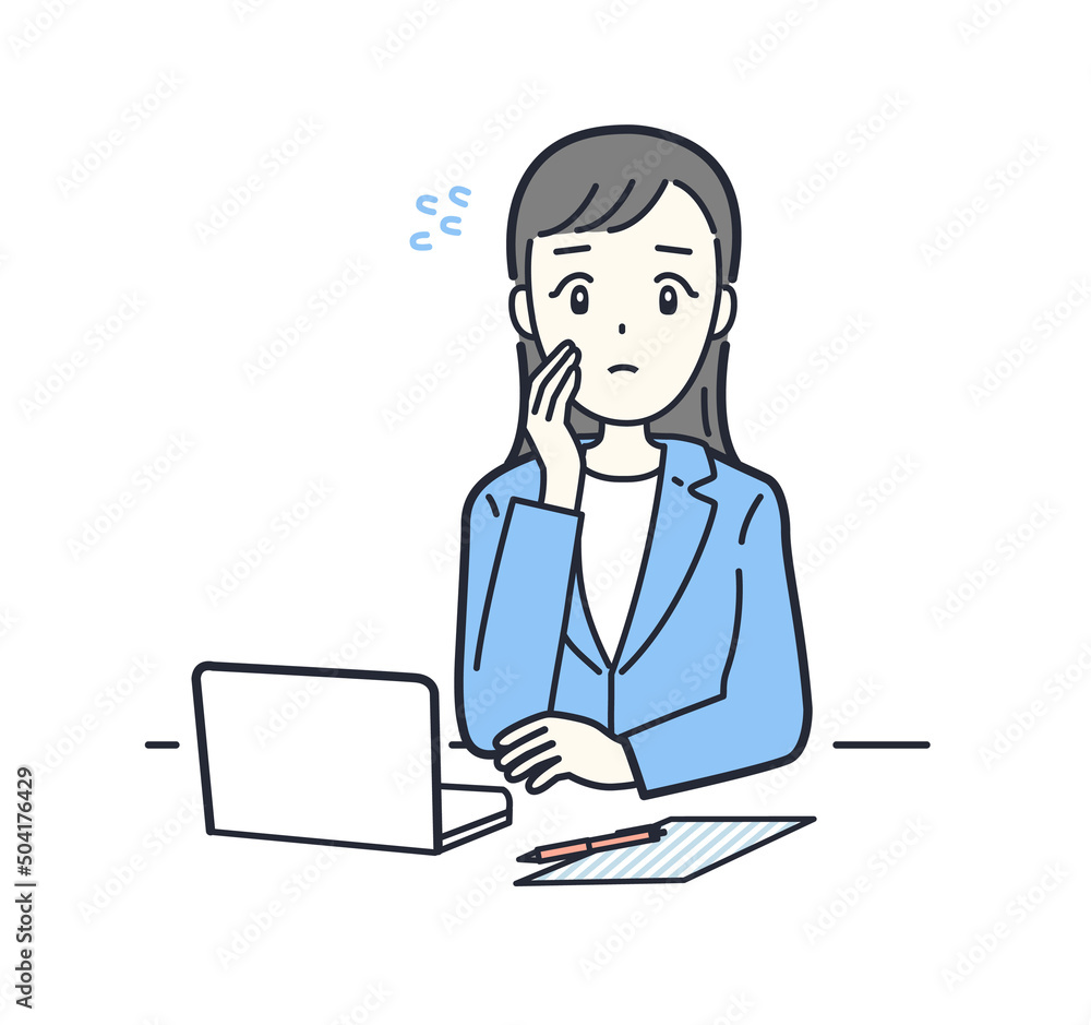 PCを操作しながら困った表情をしているスーツの会社員のイラスト素材