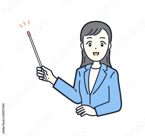 指し棒を持って説明をするスーツの女性会社員のイラスト素材