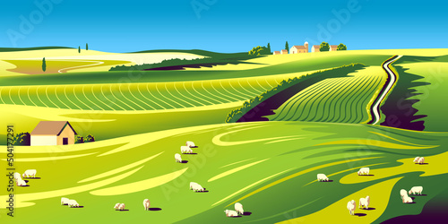 Summer rural landscape with house, sheeps, fields, meadows and hills in the background. Handmade drawing vector illustration.