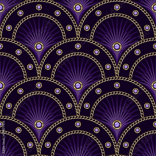 Seamless purple pattern with fan shaped grid, gold chains, violet gemstones, thin color rays inside of grid cell. Classic luxury background. Vector illustration