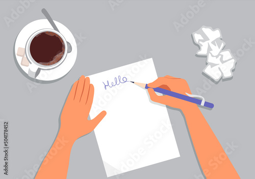 The hand writes a letter. Nearby on the table is a mug of coffee and crumpled sheets of paper. Top view. Illustration in a flat style, isolated on grey background.