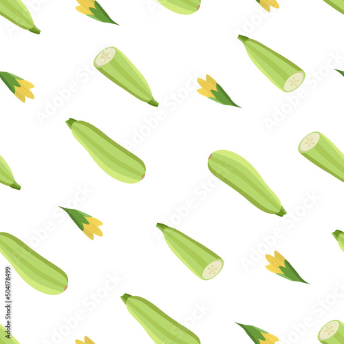 Seamless Pattern Zucchini whole and cut, zucchini flowers and leaf. Vector illustration of vegetables, a set of harvest courgette.