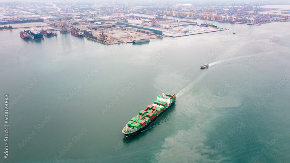 Fototapeta premium Container ship transporting cargo logistic import and export goods internationally around the world, including Asia Pacific and Europe, Aerial view