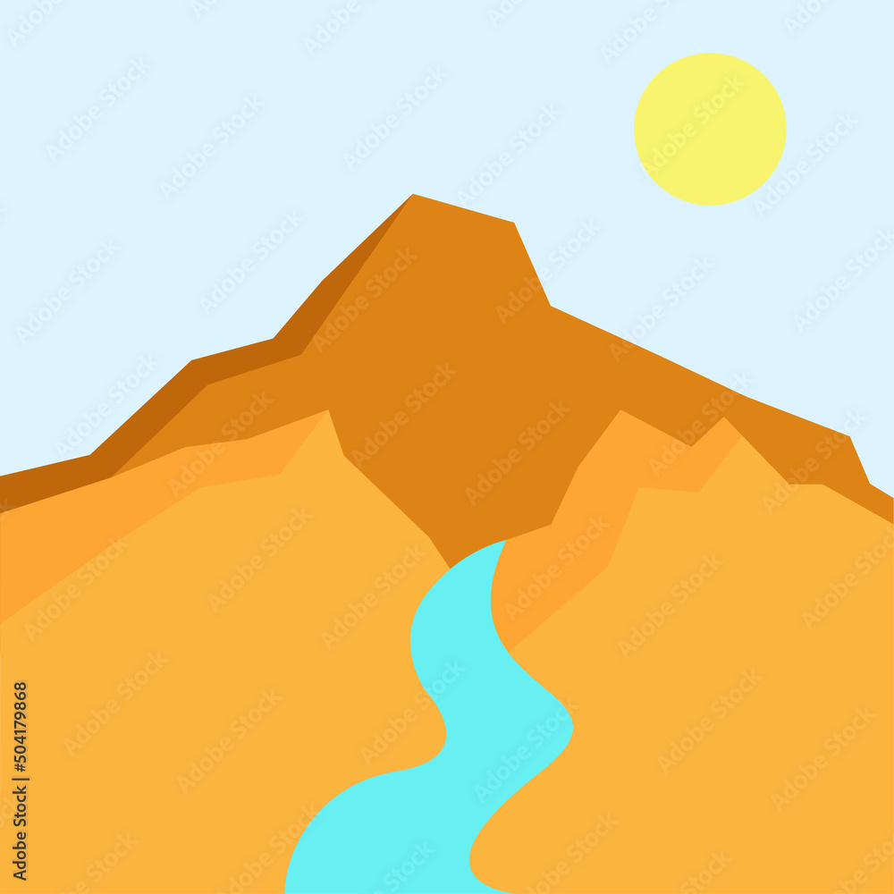 Vector illustration of desert and river. Minimalist landscape cartoon. Wall decor, poster, card, brochure, flyer and other.	