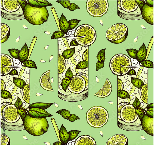 Sketch drawing pattern of Mojito cocktail in glass with fresh lime and mint leaf isolated on green background. Engraving alcohol citrus drink. Hand drawn Bar menu wallpaper. Retro vector illustration.