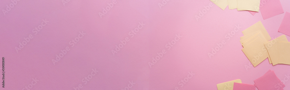 top view of empty pastel paper notes on pink, banner. - obrazy, fototapety, plakaty 