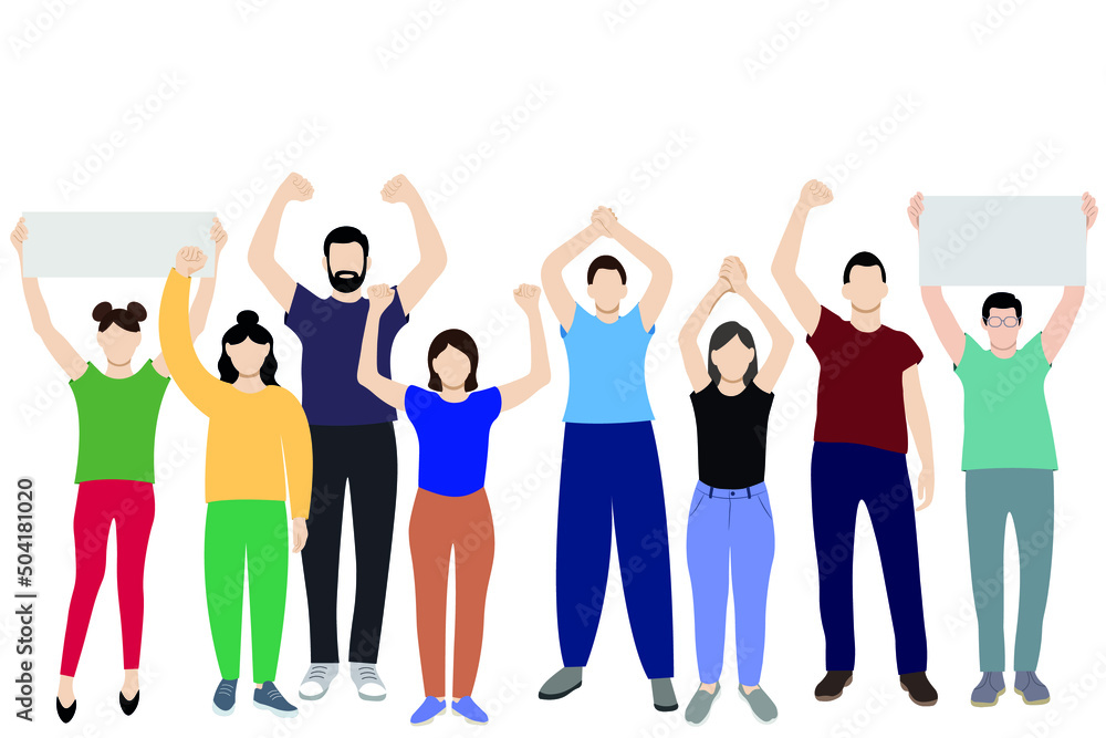 Set of girls and guys drawn in full length with arms raised above their heads, flat vector on white background, faceless illustration