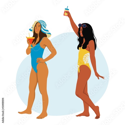 Girls with fruit Cocktails in their hands. Female friends at a Summer beach Party. Beautiful Girls in Swimsuits drink a fruit Cocktail. Summer vacation, rest and relax. Flat vector illustration.