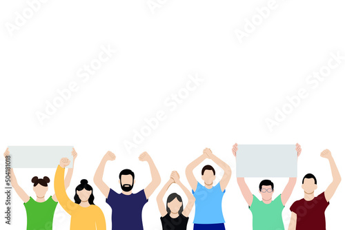 Set of portrait images of girls and guys with arms raised above their heads, flat vector on white background, faceless illustration