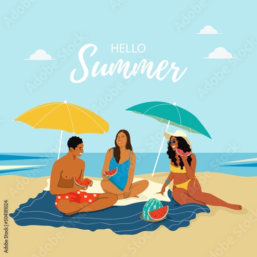 Group of friends at Sea. Picnic on the Beach. Young People in bathing suits. People relax on the Beach  chat and eat Watermelon. Summer flat vector illustration.