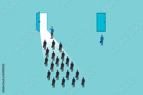 Business man take a different door for business opportunities. Symbol of future, leadership different business routes, career opportunity success.