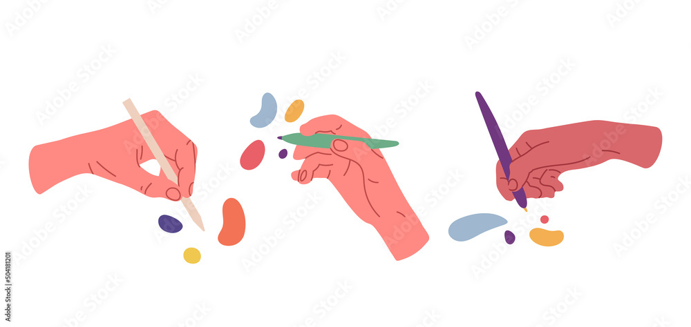 Hands writing or painting with pencil, pen, stylus. Human hands with painting tools cartoon vector illustration. Creative writers and artist drawing