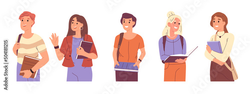 Young college or high school students standing together with books. Girls and boys holding educational literature, smiling young people cartoon vector illustration. Cheerful teenagers group