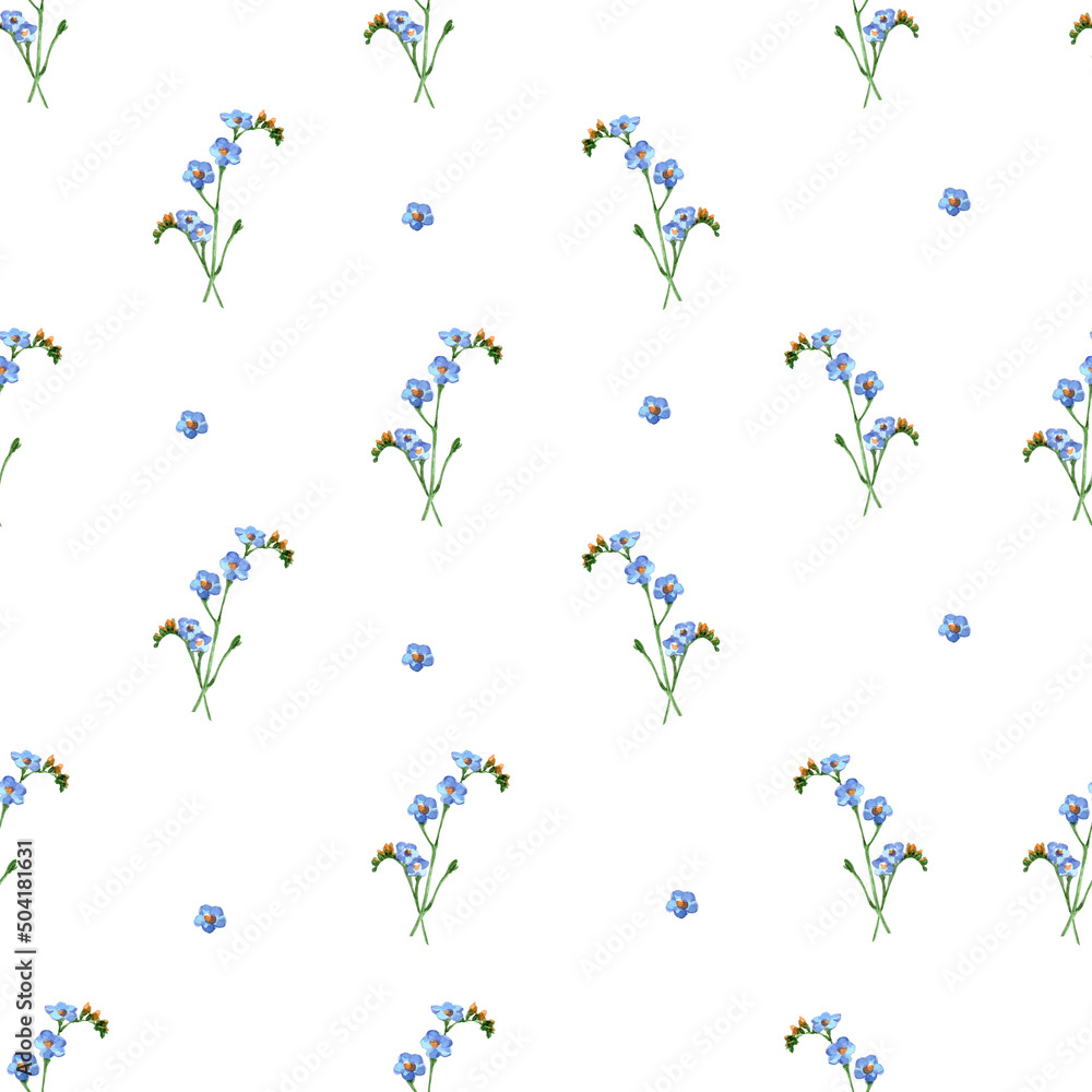 Seamless pattern with blue wildflowers on white background.