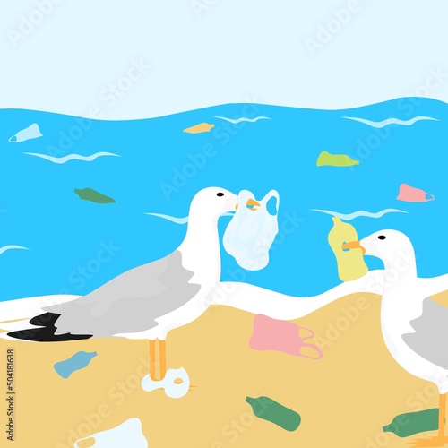 Vector illustration of a seagull eating plastic trash and bottles. Stop plastic pollution in the ocean. Ecological problems.