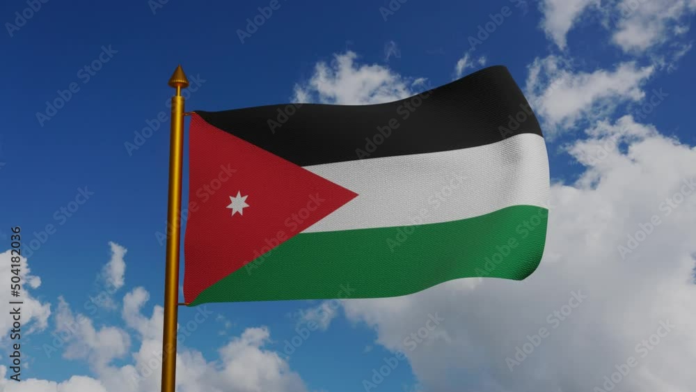 National flag of Jordan waving 3D Render with flagpole and blue sky
